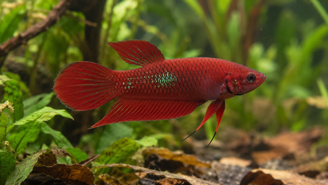 Scarlet Betta showing its identifying shape and markings in a suitable aquarium setting.