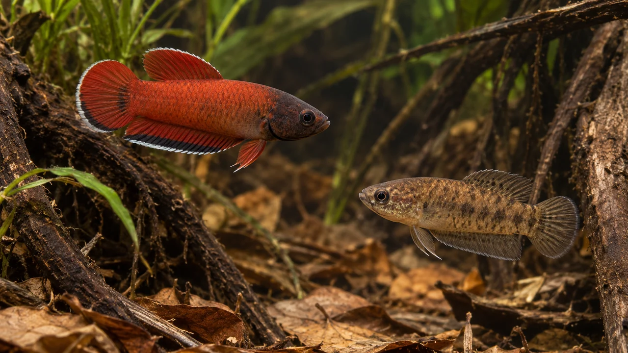 A scarlet male and subdued brown female Snakehead Betta at separate root edges, the male showing a mostly red dorsal with thin pale trim.