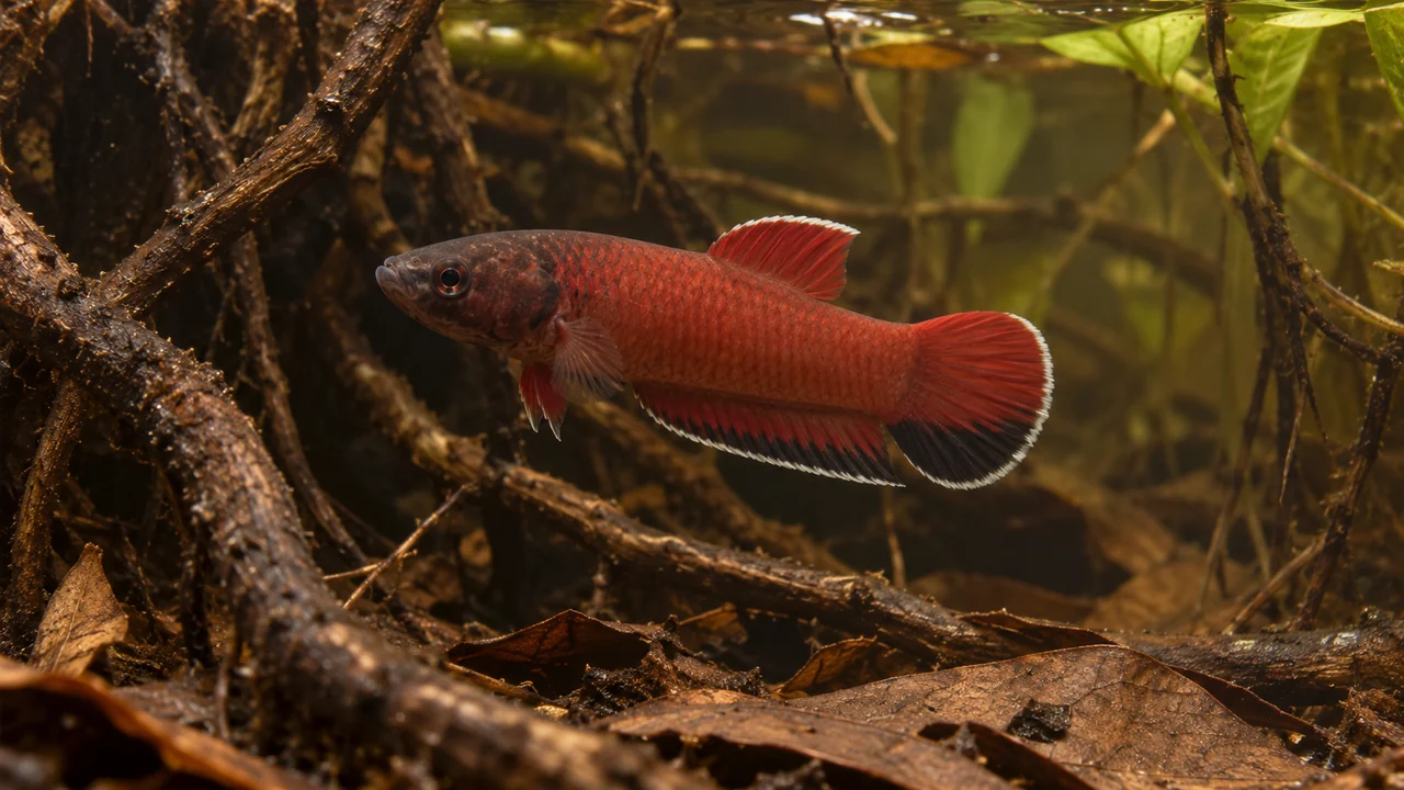 One Snakehead Betta between roots and scattered leaves in transparent tea-tinted aquarium water.