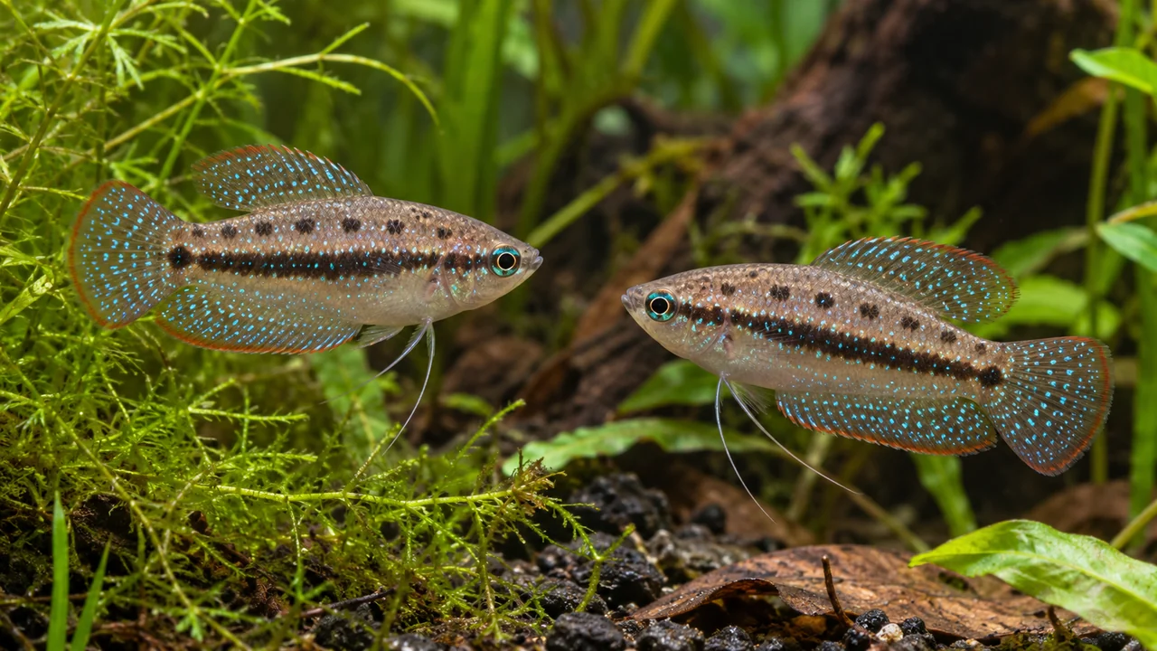 Two Sparkling Gouramis at a planted edge, with blue points and dark lateral markings visible during a social encounter.