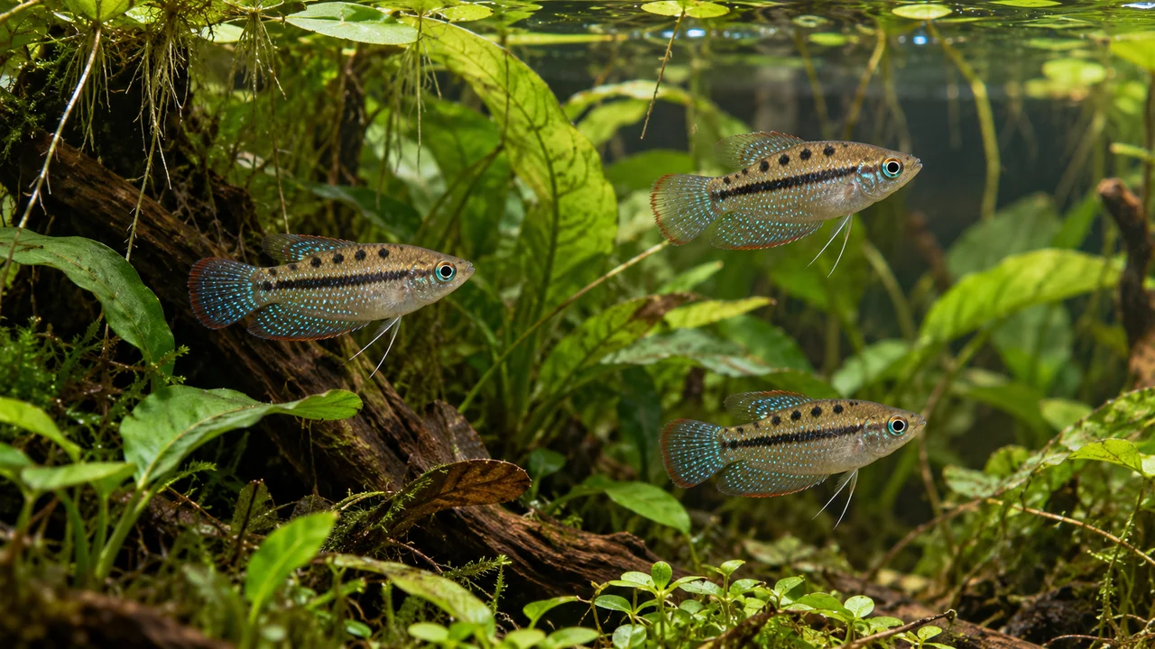 Three small Sparkling Gouramis separated among fine roots and planted shelter with calm open water.