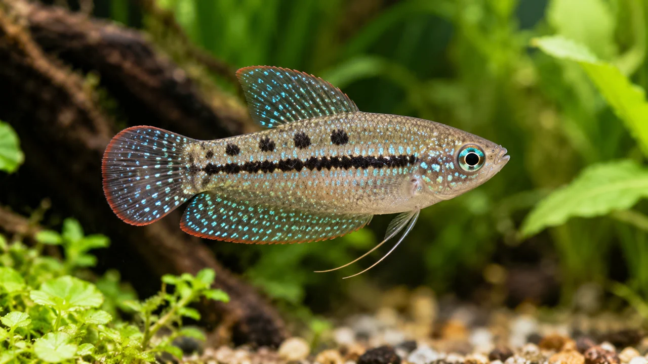 Sparkling Gourami showing its identifying shape and markings in a suitable aquarium setting.
