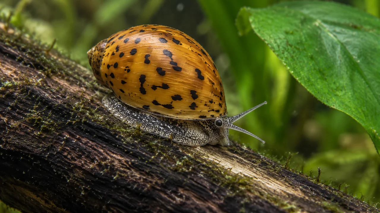 A spotted nerite viewed near the newer shell margin and its gripping foot on submerged wood.