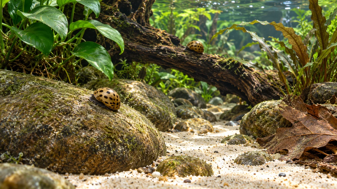 Small spotted nerites grazing stones and wood in a mature planted aquarium with open sand.