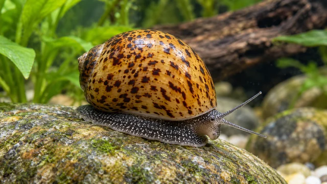 A spotted Vittina natalensis-type neritid with an oval patterned shell and broad grey foot on a stone.