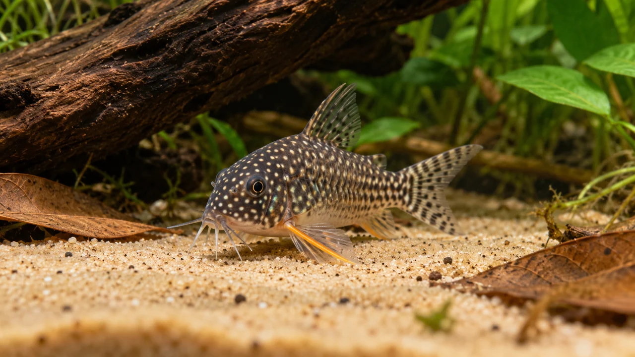 Sterba’s cory close-up showing white spots on a dark head and orange leading pectoral-fin rays.