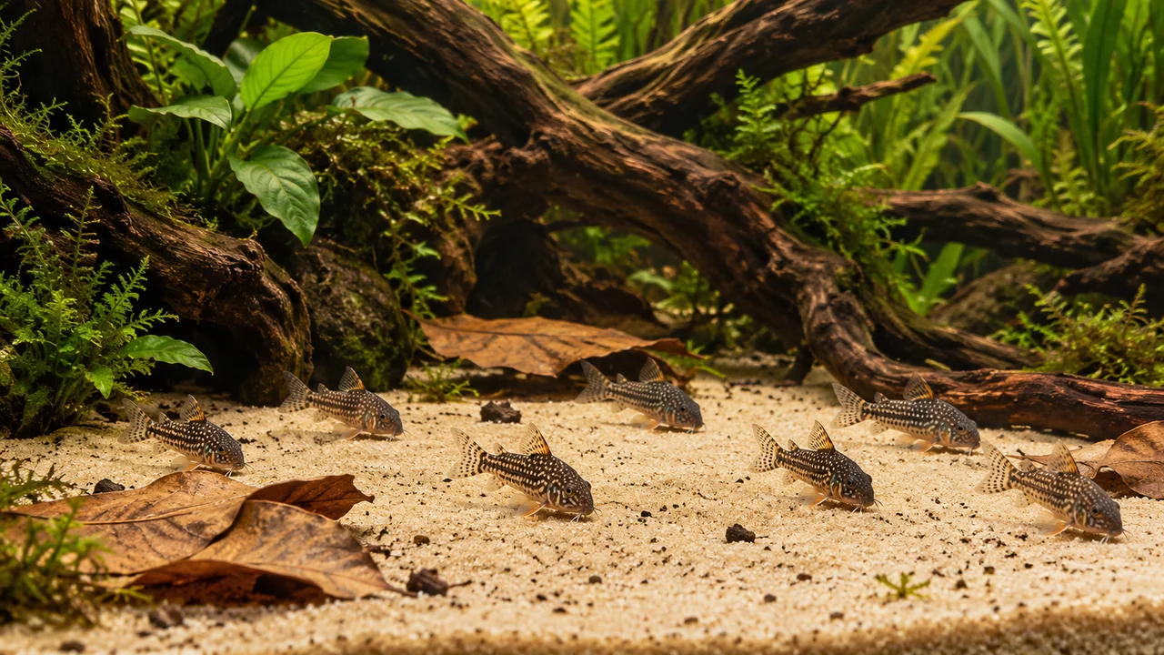 Sterba’s corys dispersed over an open sand floor, with broad wood passages and planted margins.