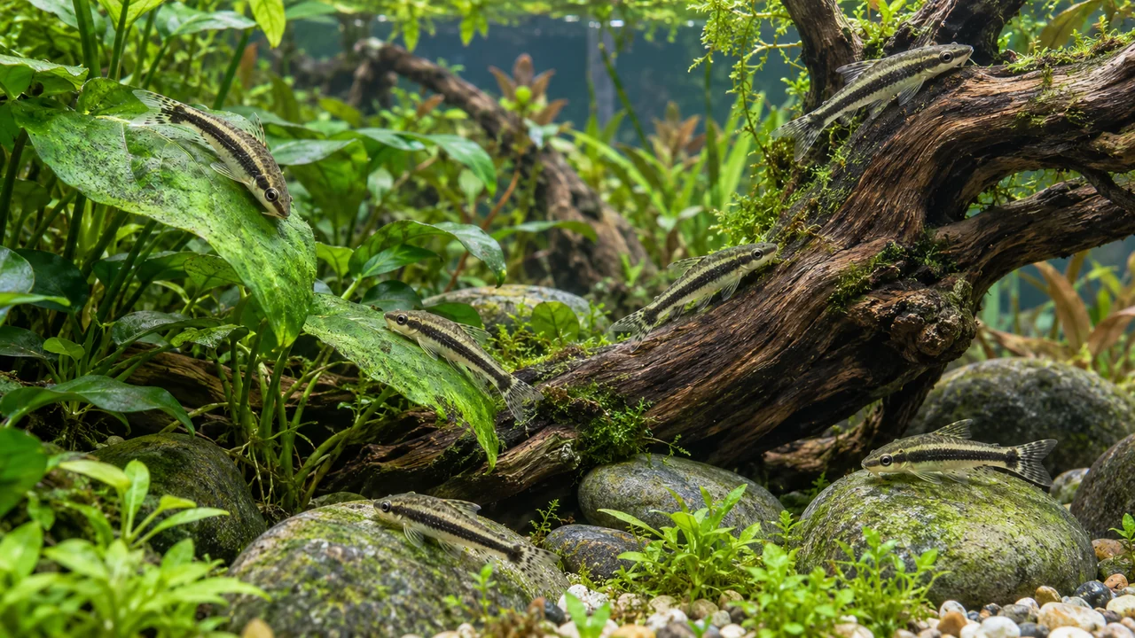 Six small striped Otocinclus grazing separate leaves, wood and stones in a well-planted aquarium.