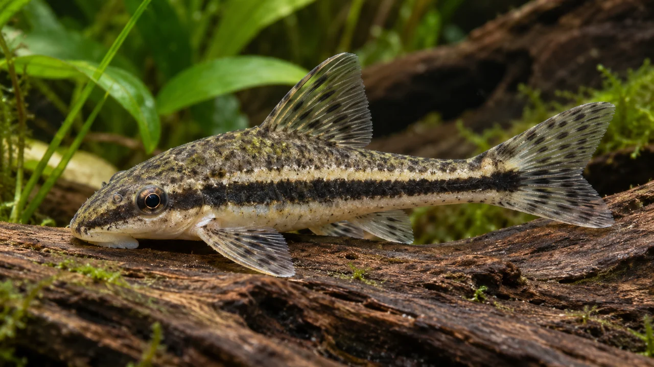 Striped Suckermouth Catfish showing its identifying shape and markings in a suitable aquarium setting.