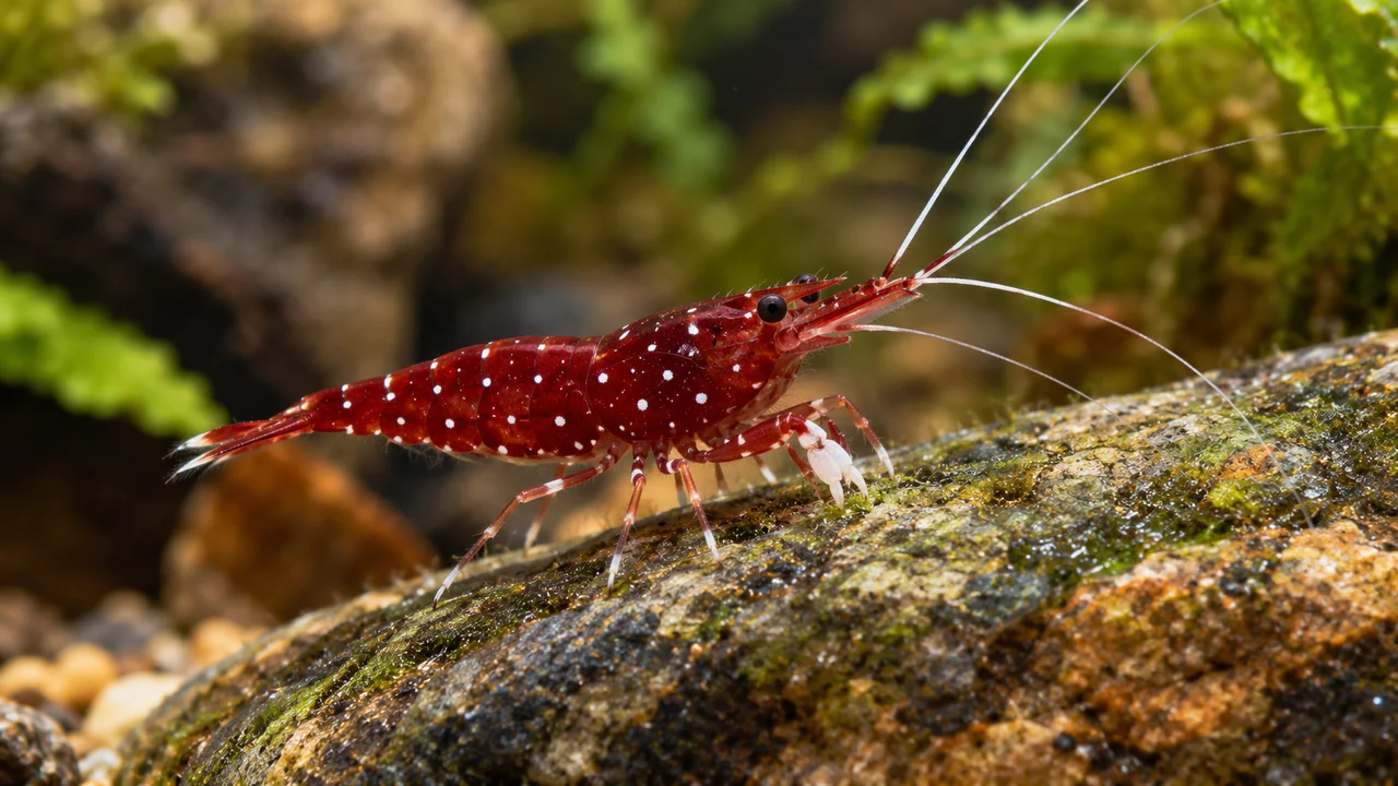 Deep-red Sulawesi Cardinal Shrimp with small white dots using white front picking feet on a rock.