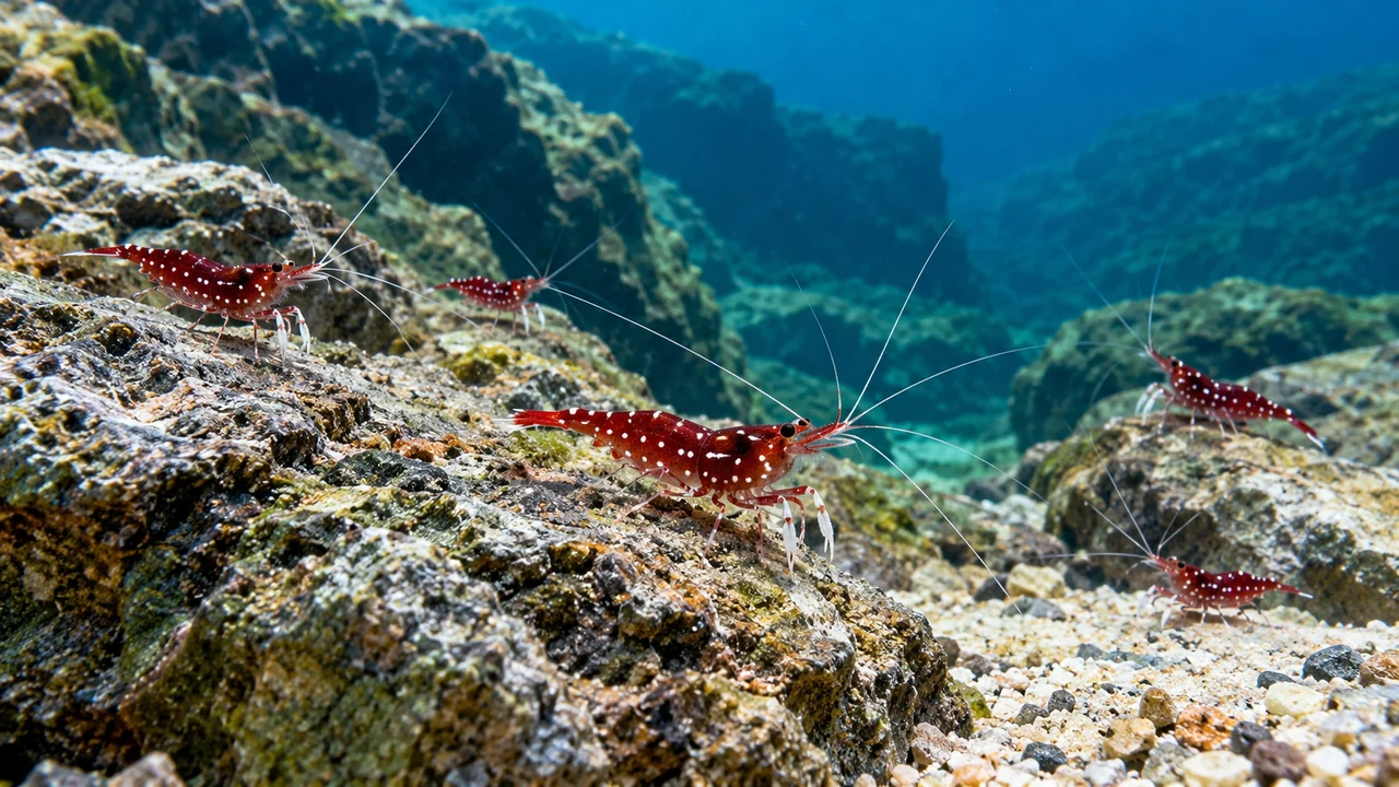 Small red and white-spotted Cardinal Shrimp on mature rocky surfaces in a clear Lake Matano-inspired arrangement.