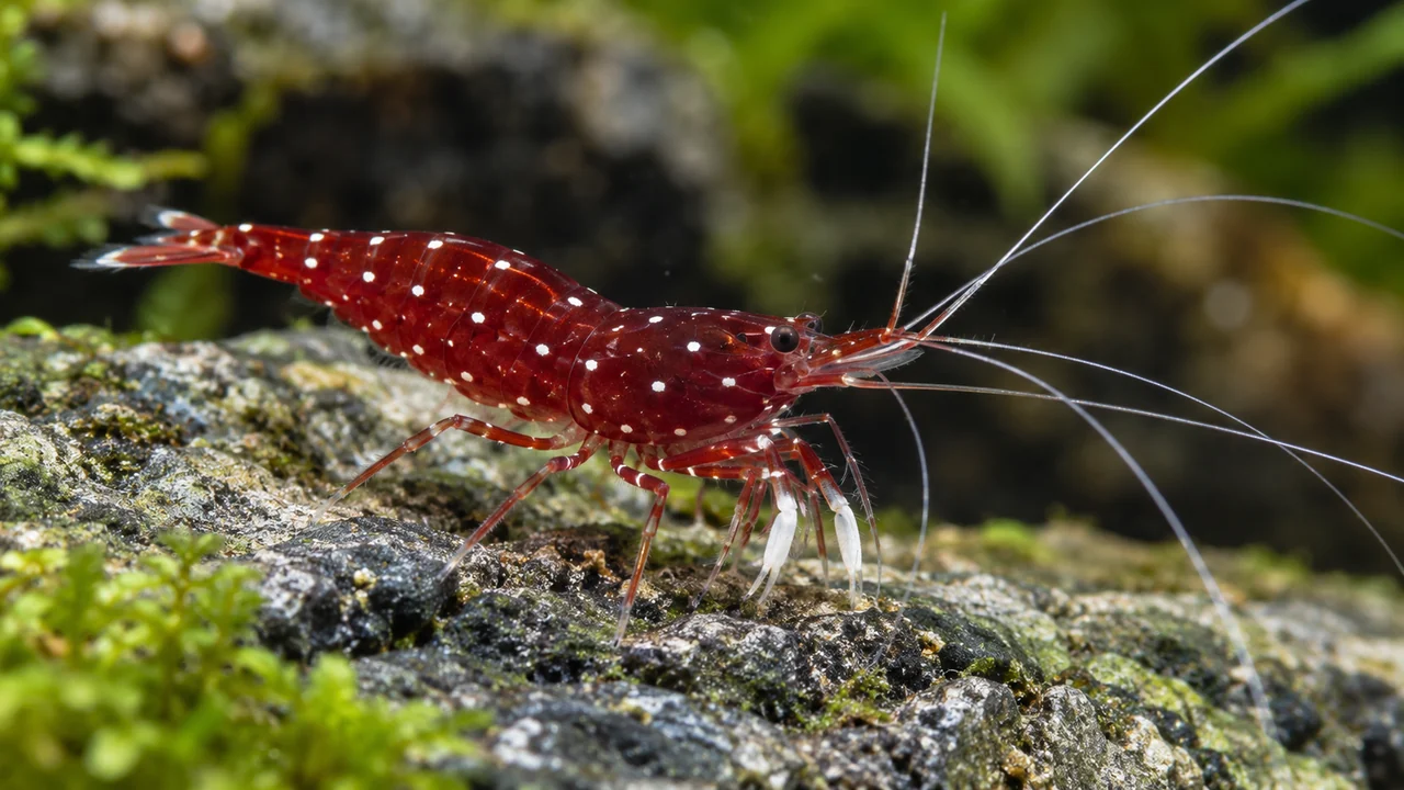 Sulawesi Cardinal Shrimp showing its identifying shape and markings in a suitable aquarium setting.