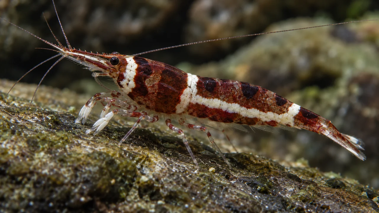 Lake Towuti Harlequin shrimp with red-brown and white bands, a slender rostrum and white collecting feet on rock.