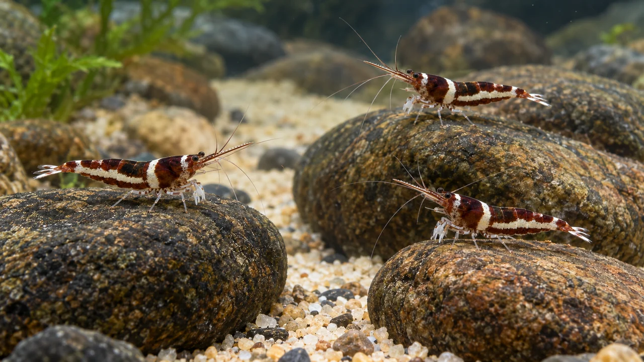 Three small Lake Towuti Harlequin shrimp on separate rounded rocks with broad shelter gaps.