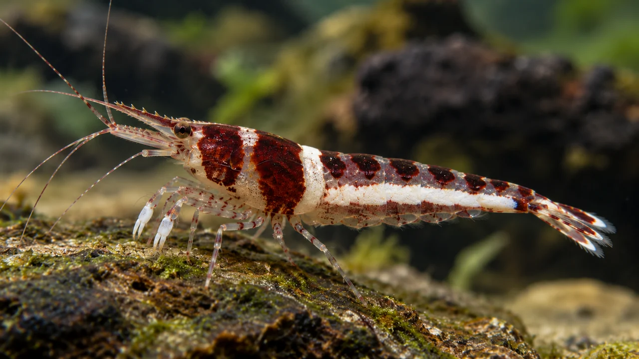 Lake Towuti Harlequin shrimp with red-brown and white bands, a slender rostrum and white collecting feet on rock.