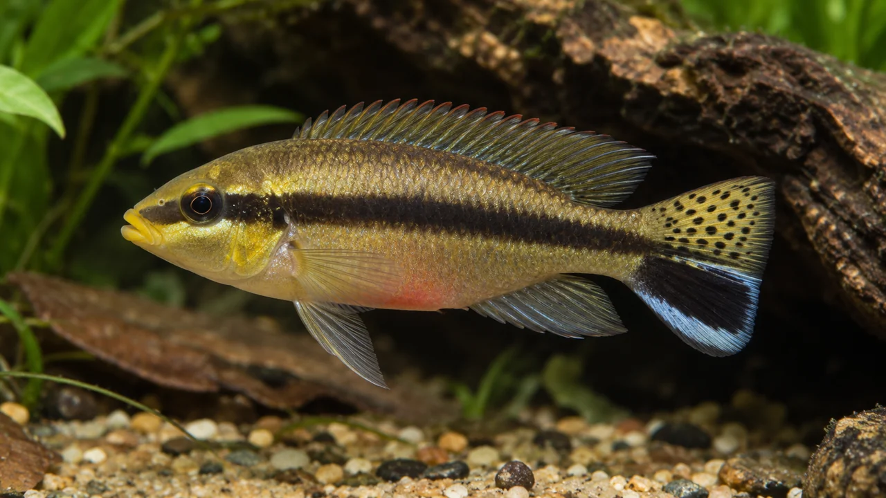 A male Pelvicachromis taeniatus with a spotted pale upper tail and contrasting dark and pale lower border.