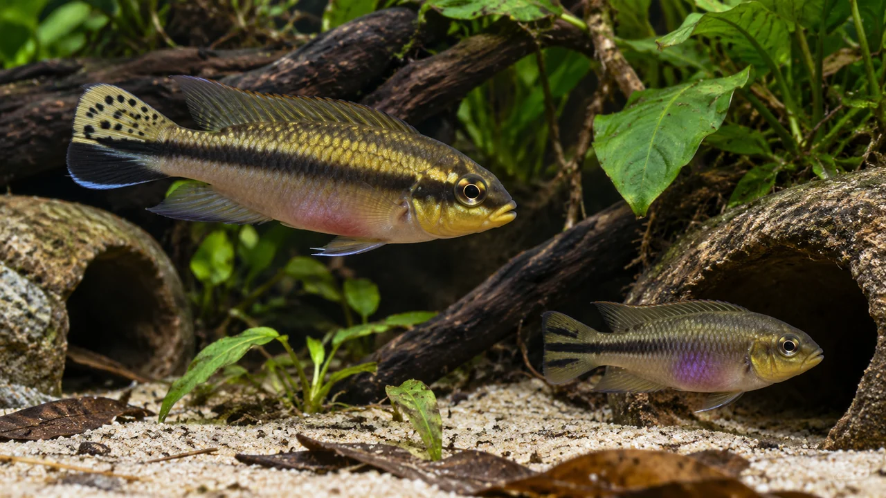 A male taeniatus with a spotted upper tail and a smaller rosy female with dark horizontal tail markings at separate shelters.