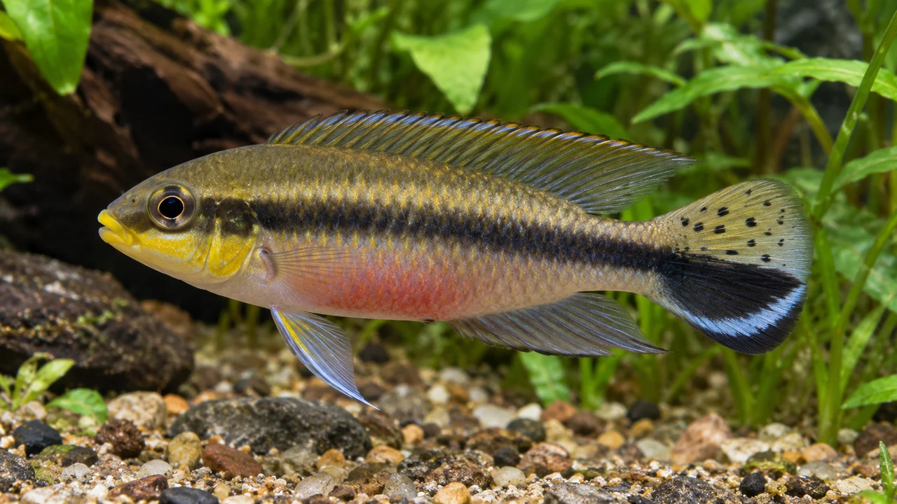 Taeniatus Dwarf Cichlid showing its identifying shape and markings in a suitable aquarium setting.