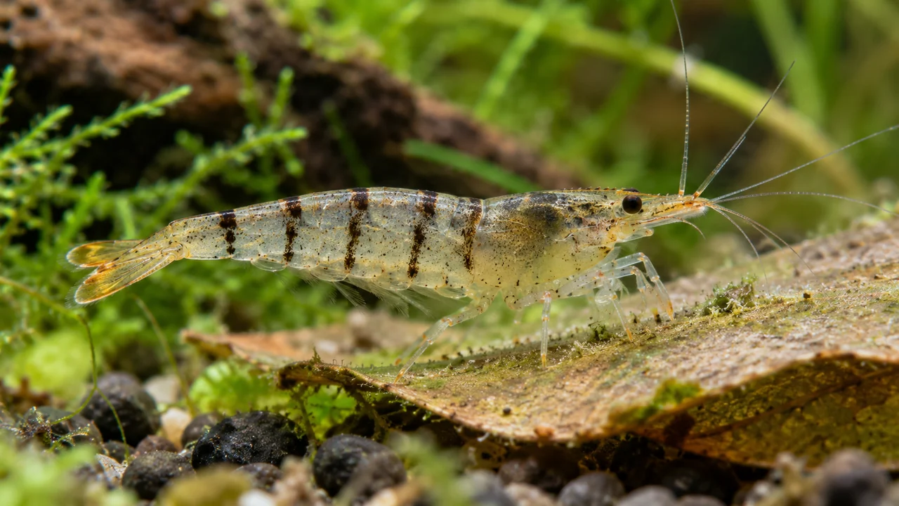 Natural-looking translucent Tiger Shrimp with thin dark crossbars and warm tail edges grazing on a leaf.