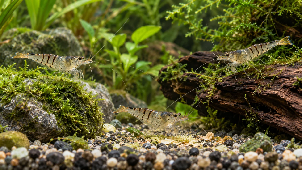 Three translucent Tiger Shrimp at separate mature moss, stone and wood surfaces in a planted aquarium.