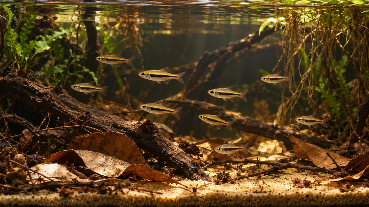 Tucano Tetra in a spacious aquarium with branchwork, planting, sparse leaf litter and open water.