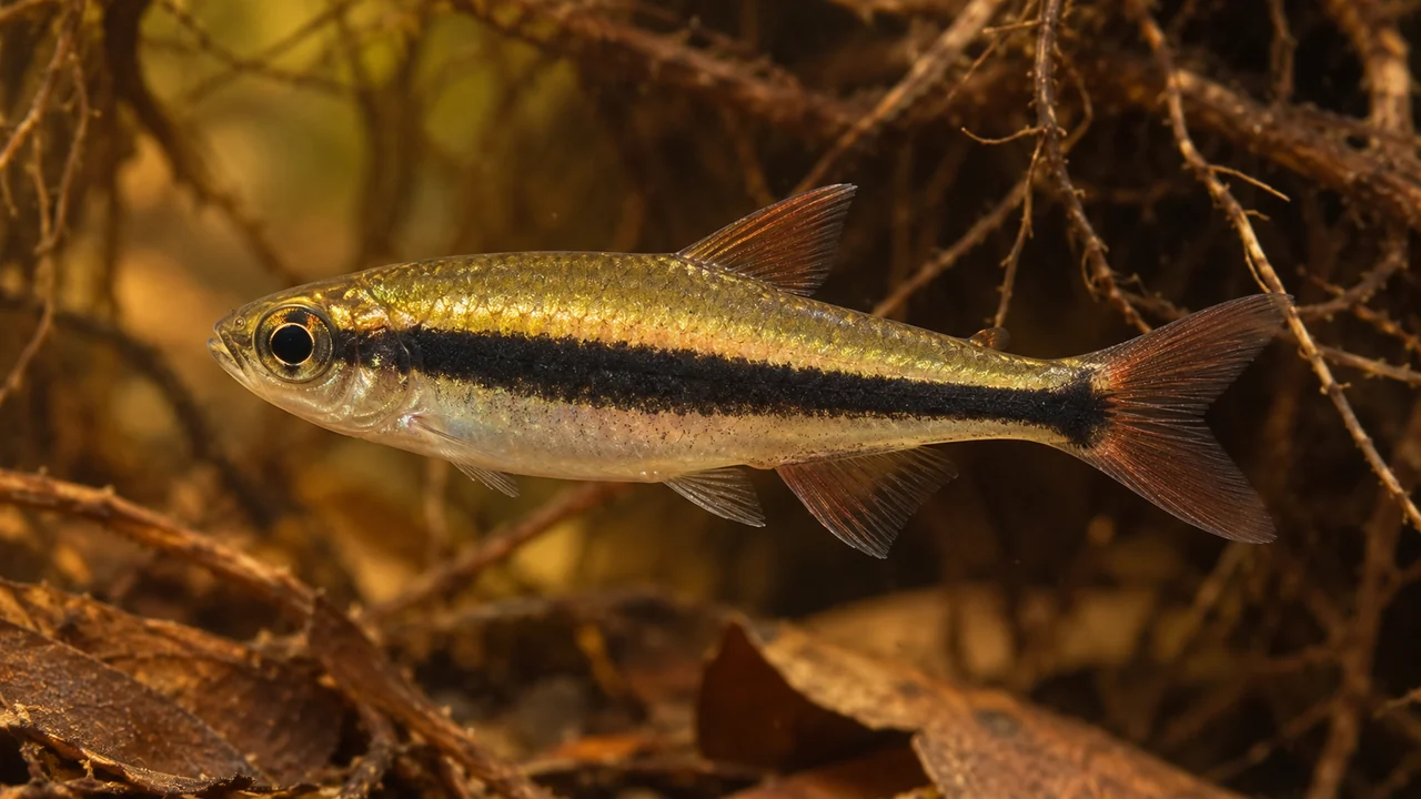 Tucano Tetra showing its natural body shape and identifying markings beside aquarium planting.