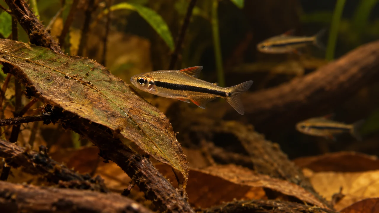 A male Tucano tetra beside a submerged leaf with space between nearby fish.