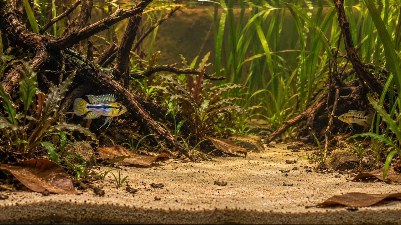 Umbrella Dwarf Cichlid in a structured aquarium with open sand, separated cover and maintenance access.