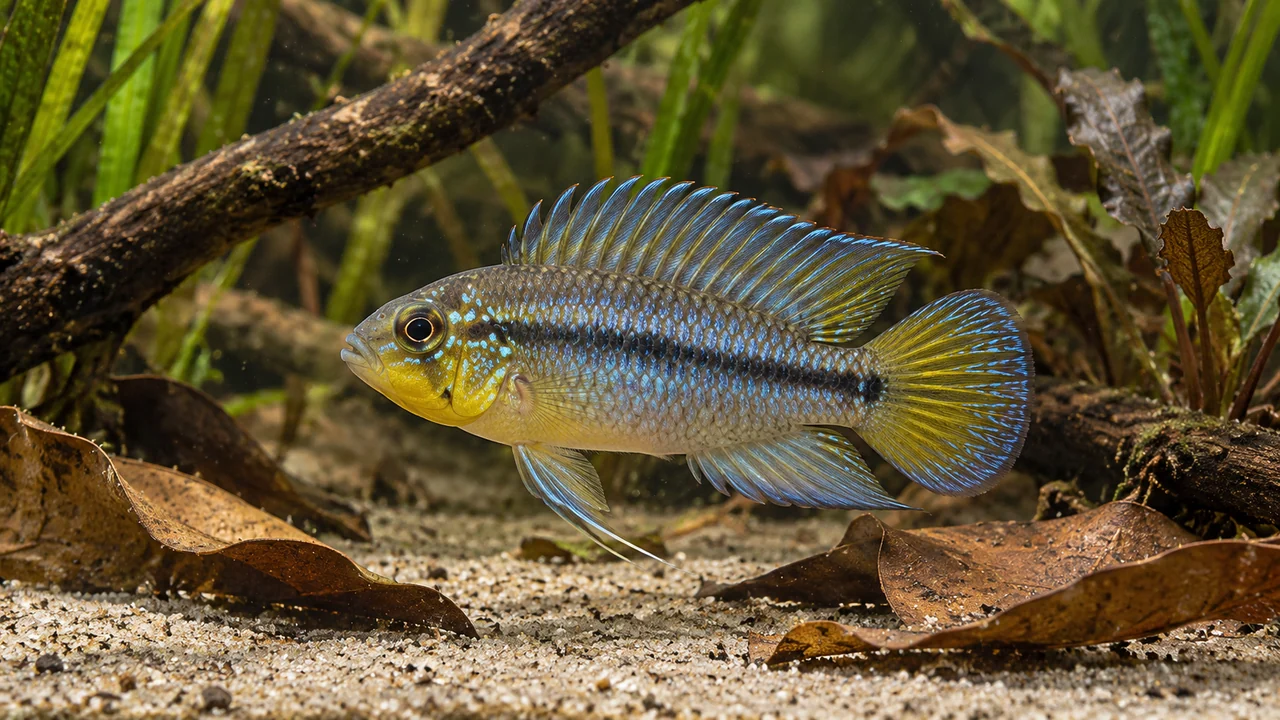 Umbrella Dwarf Cichlid showing its identifying shape and markings in a suitable aquarium setting.