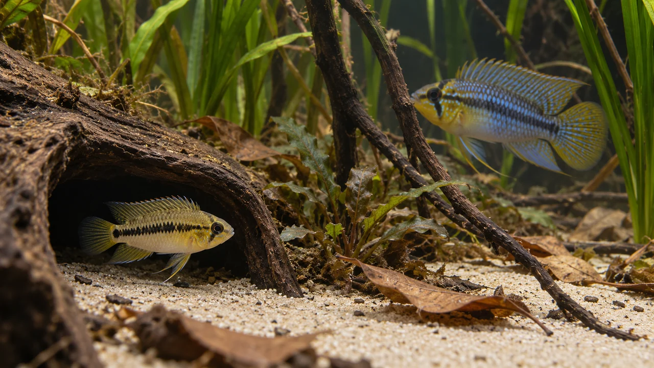 A smaller yellow female umbrella dwarf cichlid at a wood shelter, with a male separated behind roots.