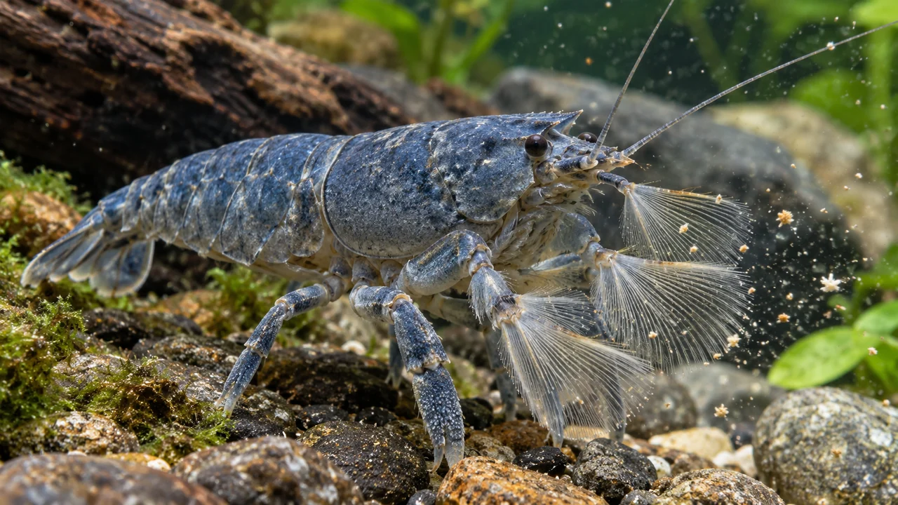 Slate-blue Vampire Shrimp with robust gripping legs and delicate feeding fans extended near its mouth.