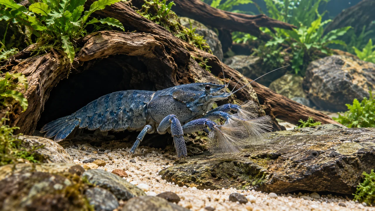 Large blue African fan shrimp beside a broad smooth rock-and-wood refuge in a clear aquarium.