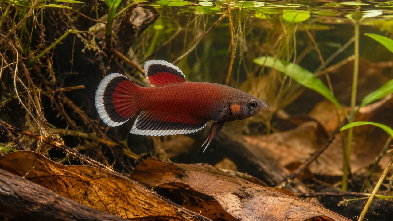 A White-Seam Betta beside marginal roots and leaves in a sheltered planted aquarium.