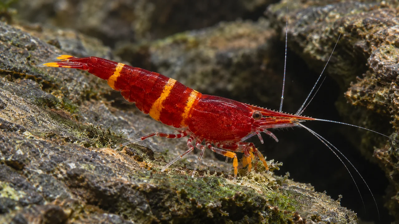Crimson Caridina spinata with yellow-orange bands and collecting feet, feeding on a mature rock.