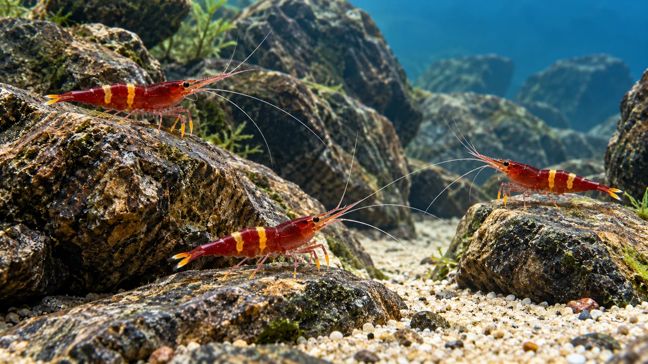 Crimson and yellow-orange Yellow Cheek Shrimp at separate broad rock surfaces in a warm clear lake-style aquarium.