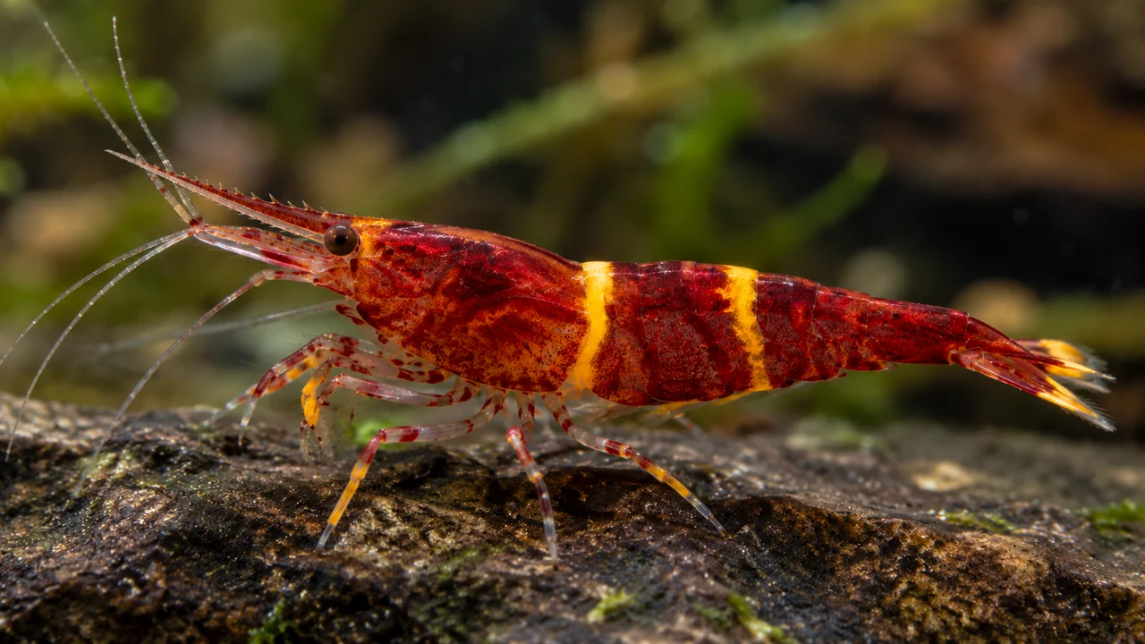 Crimson Caridina spinata with yellow-orange bands and collecting feet, feeding on a mature rock.