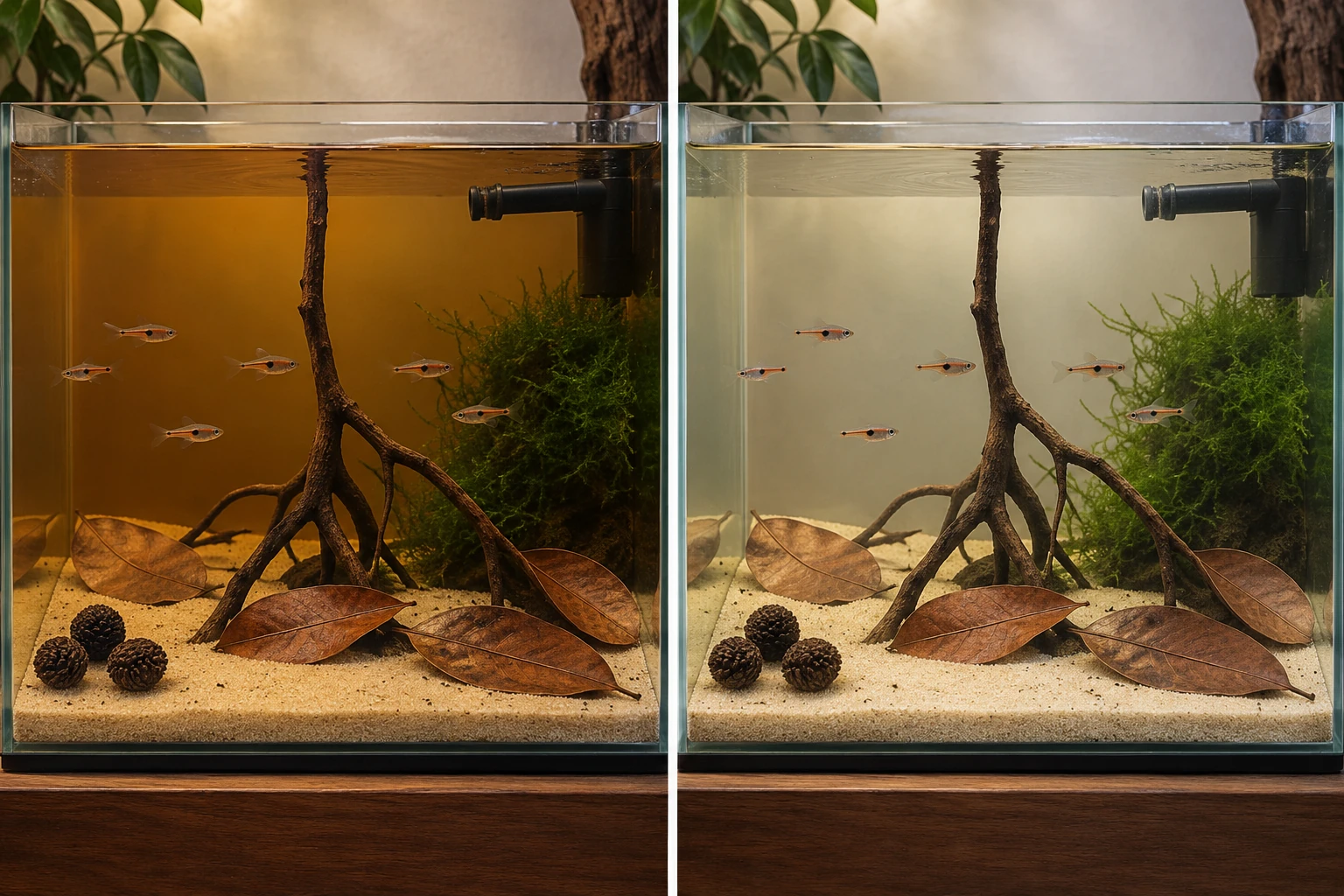 Matched illustrative tank views with the same magnolia leaves, cones and root retained: amber on the left and paler on the right.