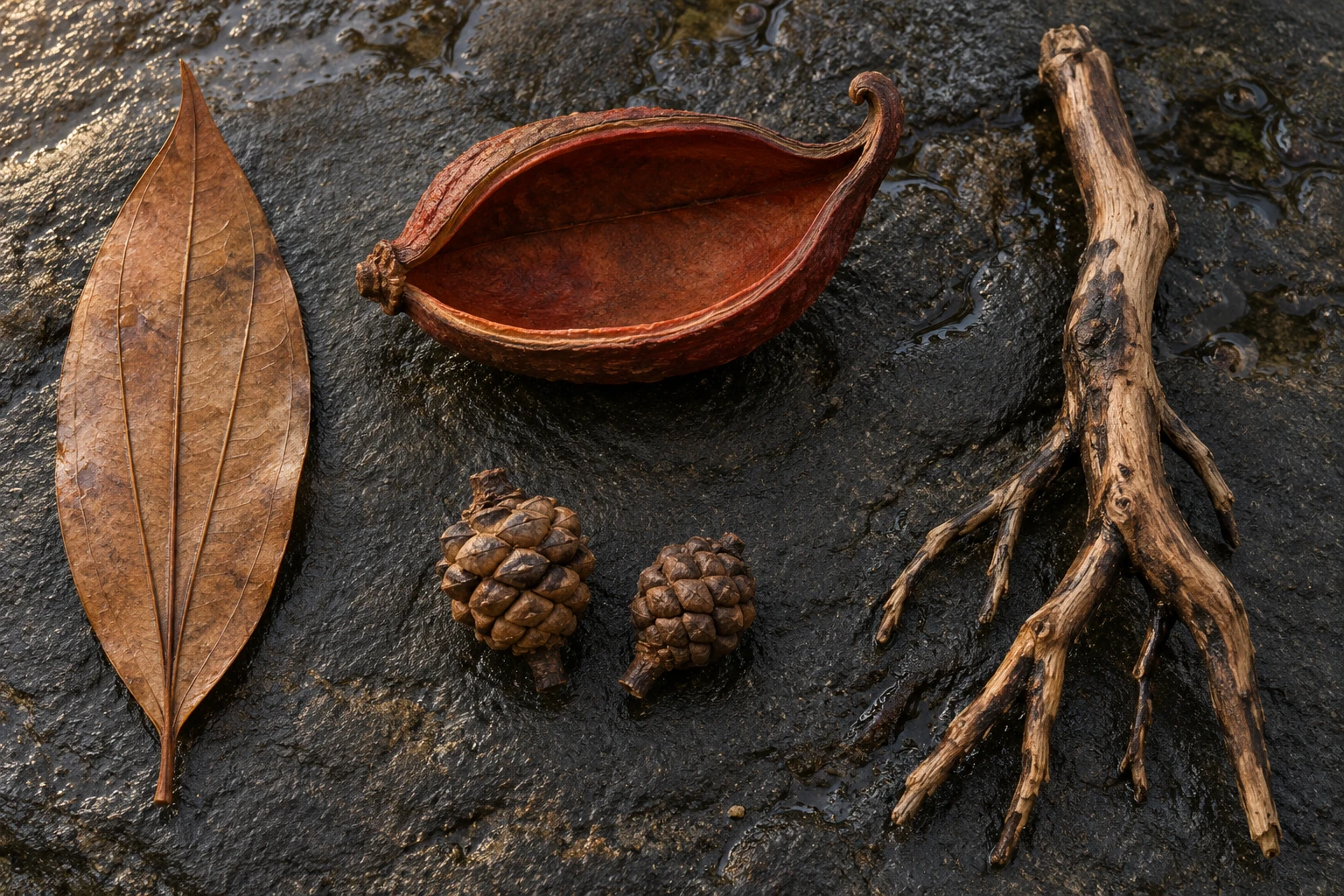 Four distinct forms on damp stone: a cinnamon leaf, an open Sterculia pod, Casuarina cones and branching mangrove wood.