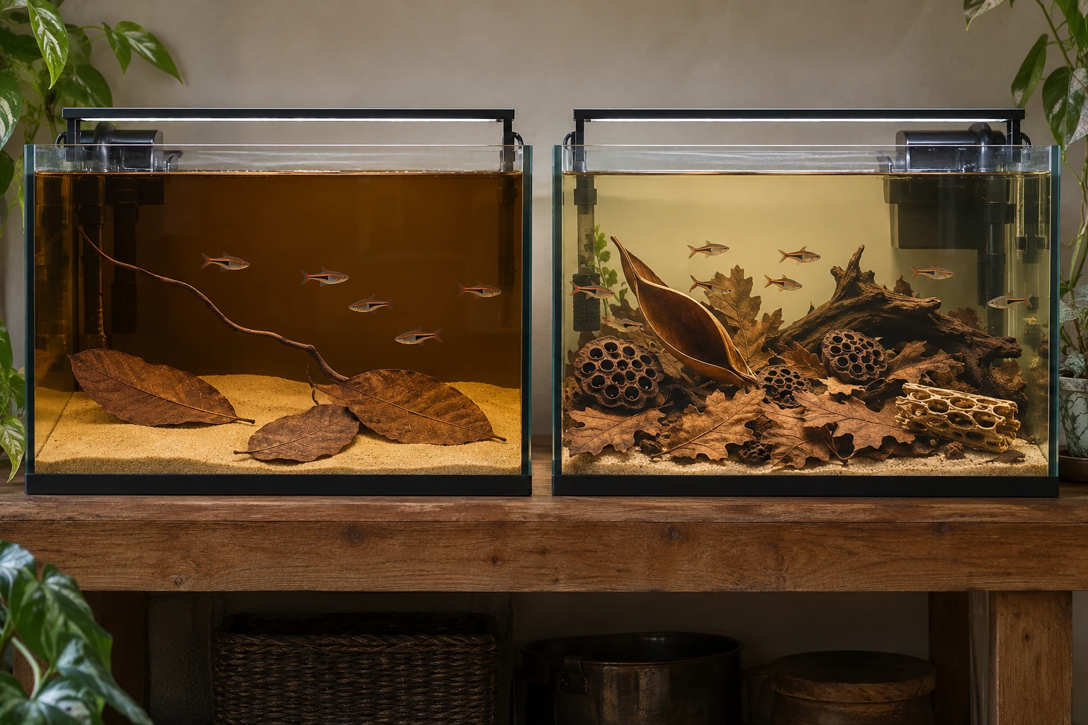 Two aquariums: amber water with three broad leaves on the left; paler water with oak leaves, lotus heads, palm spathe, cholla and wood on the right.