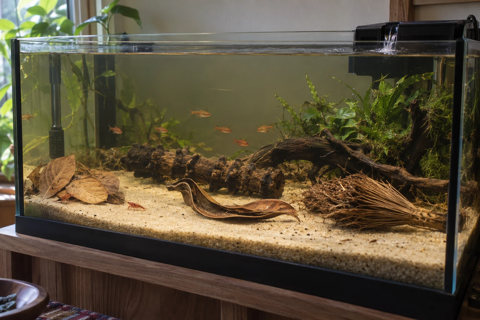 A complete aquarium with filter outlet, open swimming space, guava leaves and varied stem, pod and palm material.