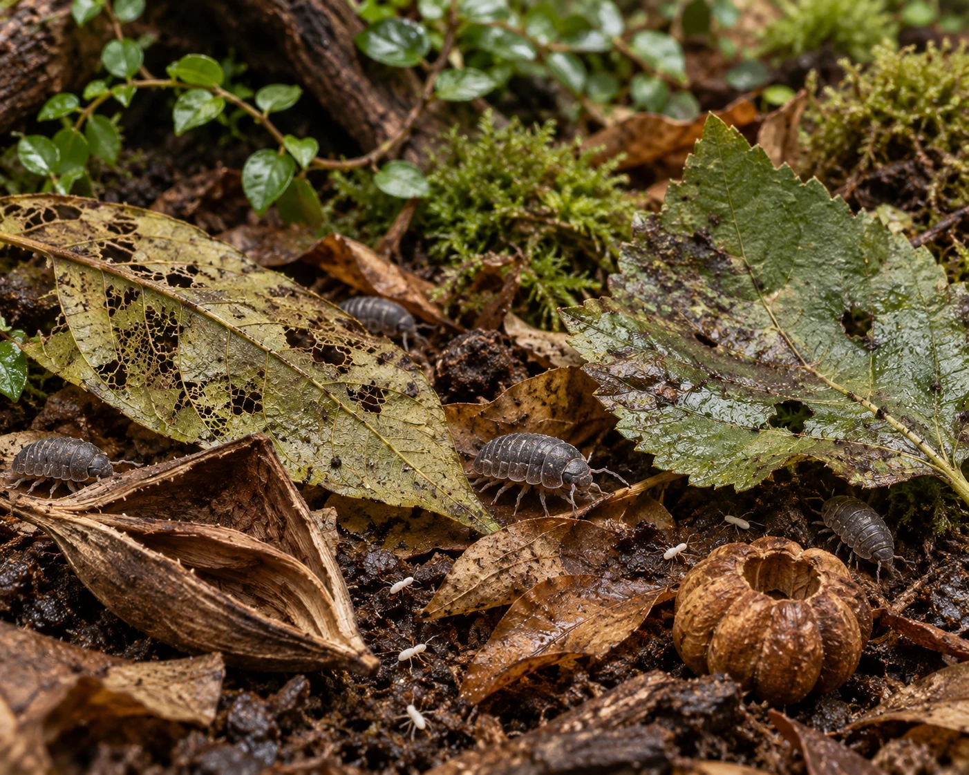 Isopods move through varied litter beside a Putka pod and an open Strelitzia form. Changing material still needs inspection; the scene does not establish that every botanical is food.