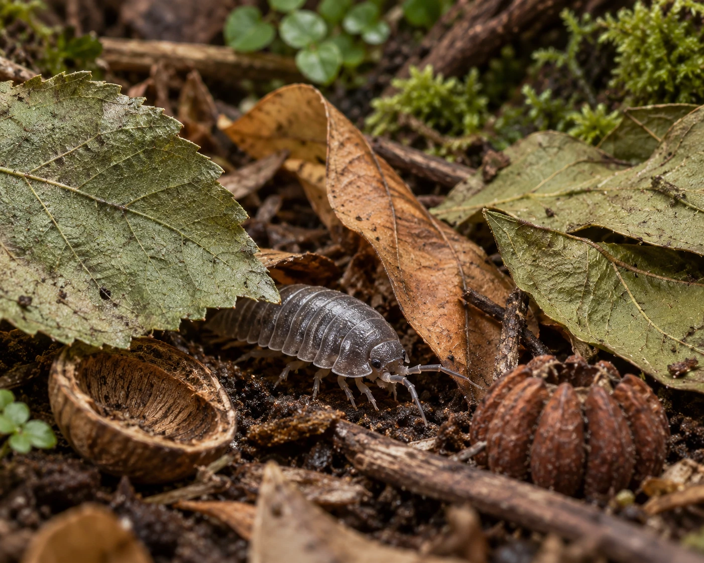 At small-animal scale, serrated Mulberry, narrow Longan and broader Arjuna leaves create different edges and gaps. A Betel husk and Putka pod add separate forms among visible substrate.