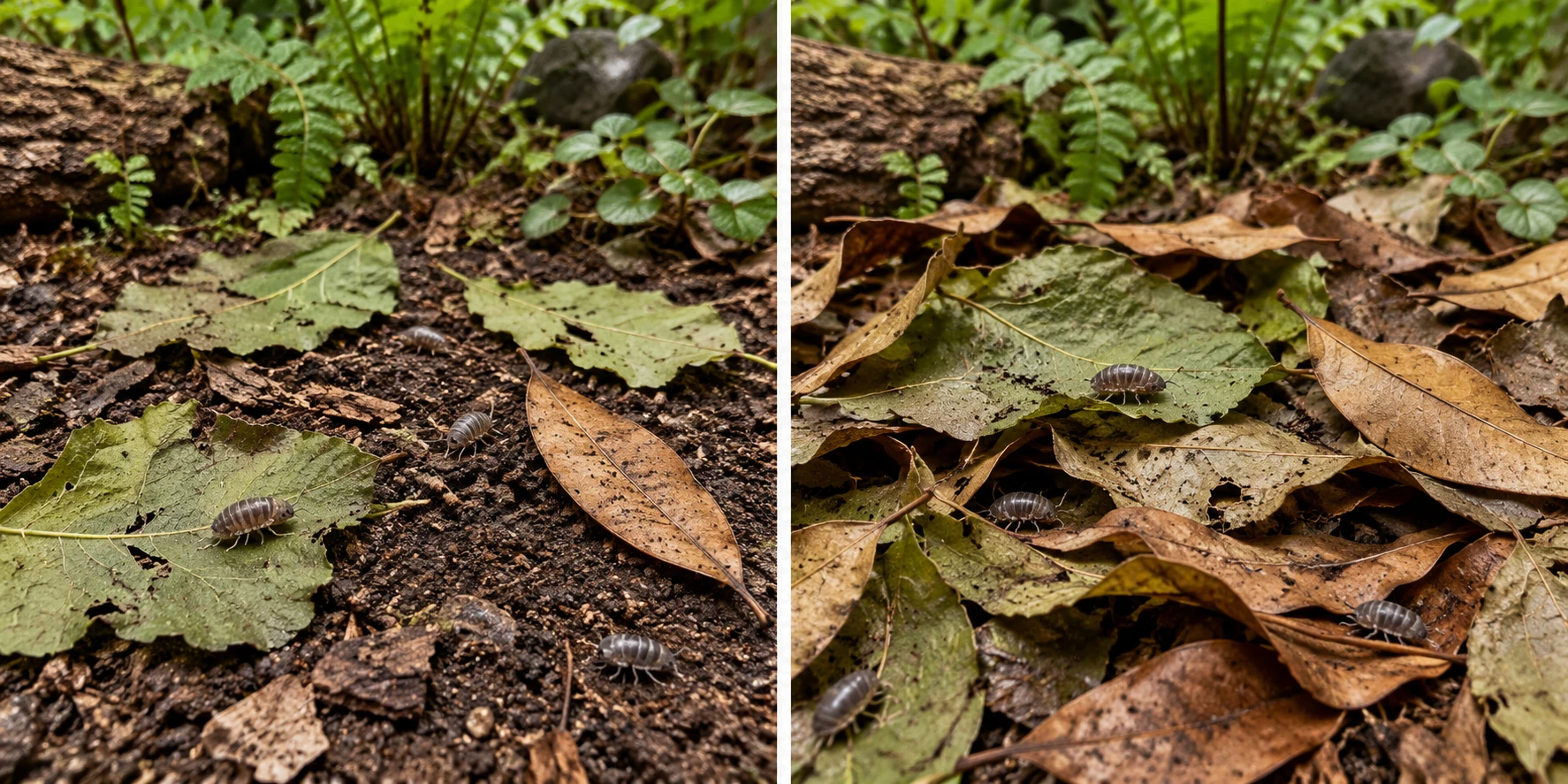 A light scatter and a deeper uneven layer of Mulberry and Longan leaves. More cover changes what remains visible and accessible; neither arrangement establishes one recommended litter depth.