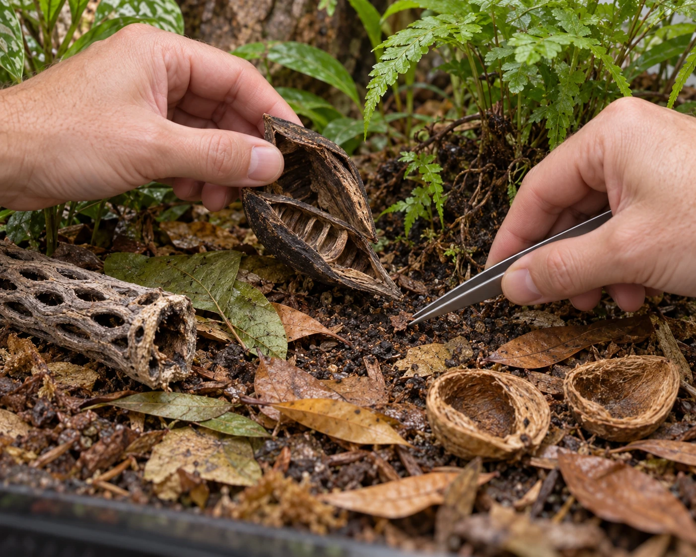 Inspect beneath a removable Strelitzia form and clear loose debris. Cholla and Betel husks remain accessible on the floor, closing the cycle from placement to ongoing inspection.