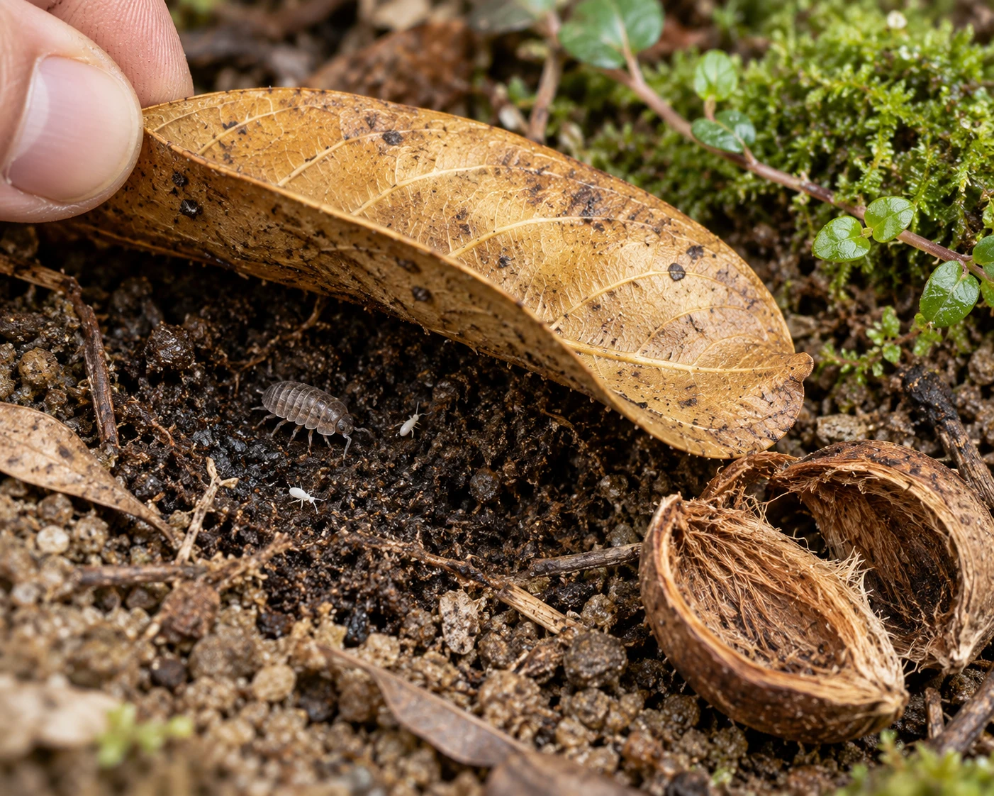 Lifting a Jackfruit leaf reveals darker soil beneath it beside lighter exposed ground. A small isopod and a separate Betel husk show the scale; observe the contact area rather than relying only on a general humidity reading.