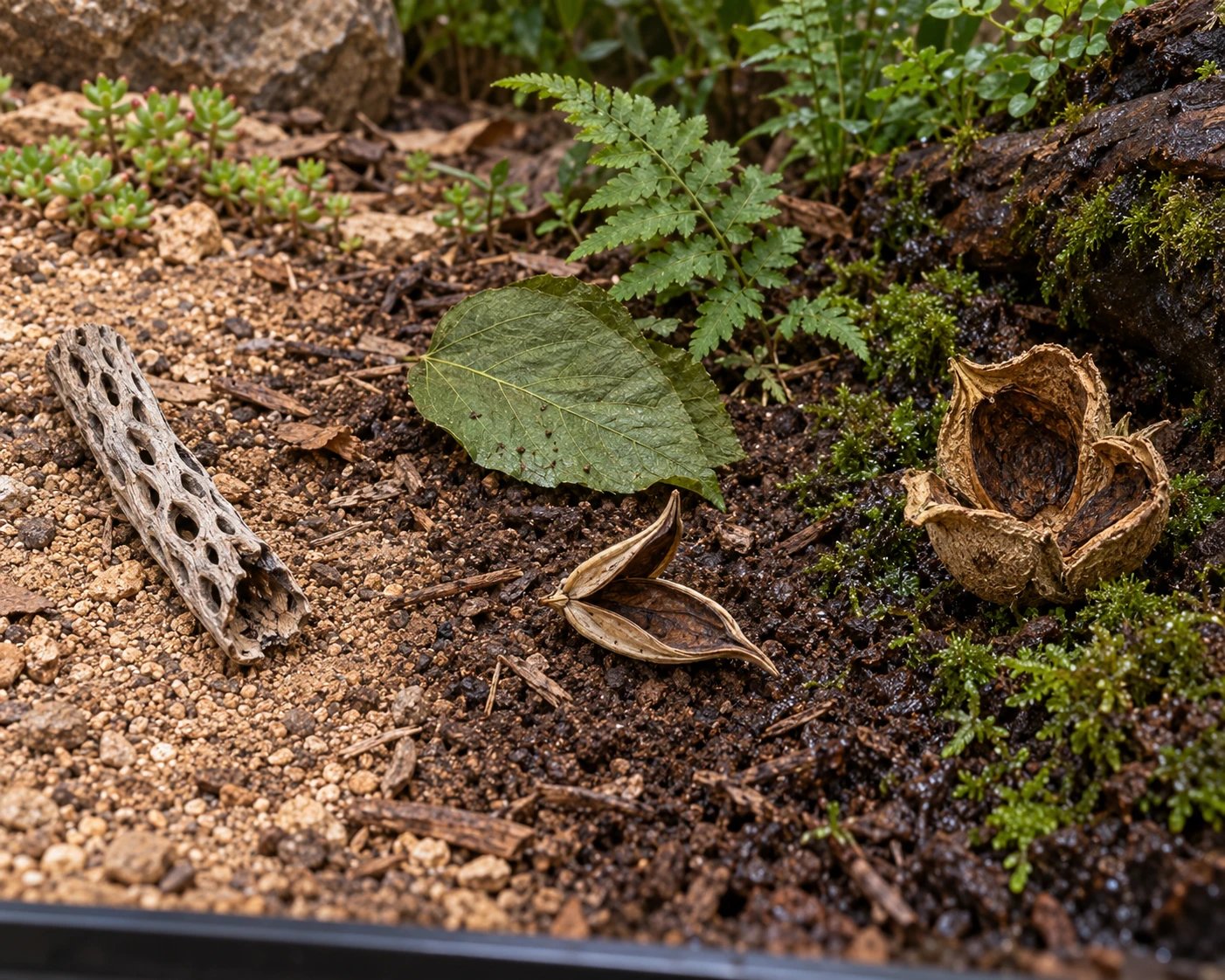 An empty enclosure illustrates a gradual change in local moisture. Cholla on open substrate, a Dregea form and a Negombo cup show different contact areas to inspect; they are not structural certification.