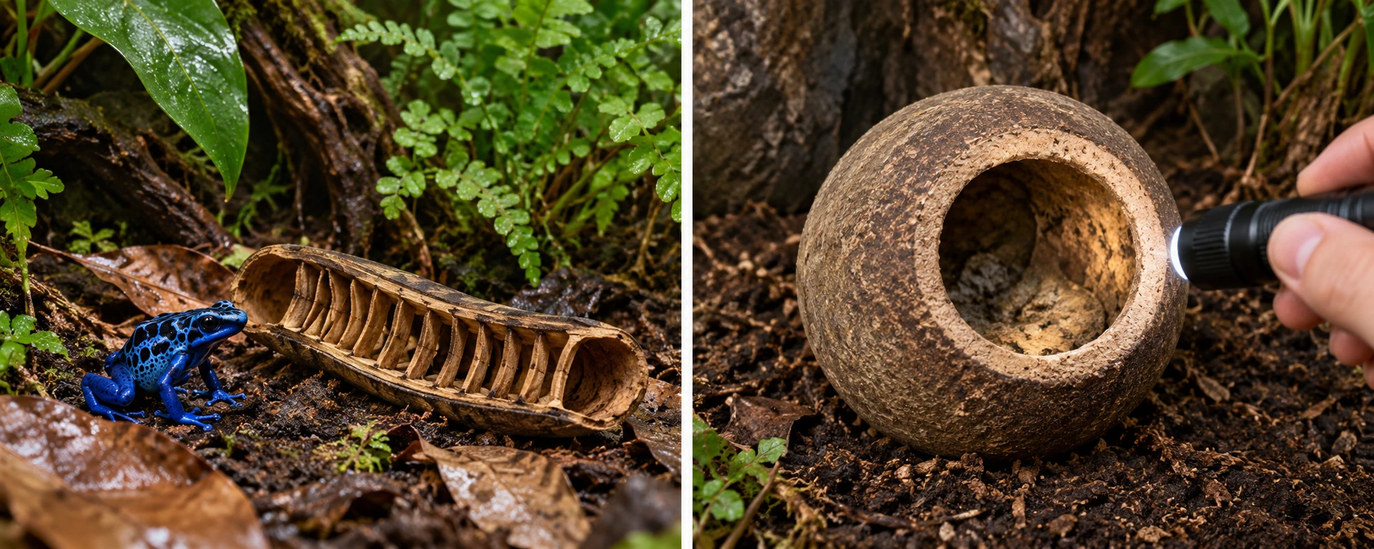 Left: Step Fruit used as open shade beside an amphibian. Right: a separate Sapucaia cavity inspected without an animal inside. Open cover and an enclosed refuge require different decisions.