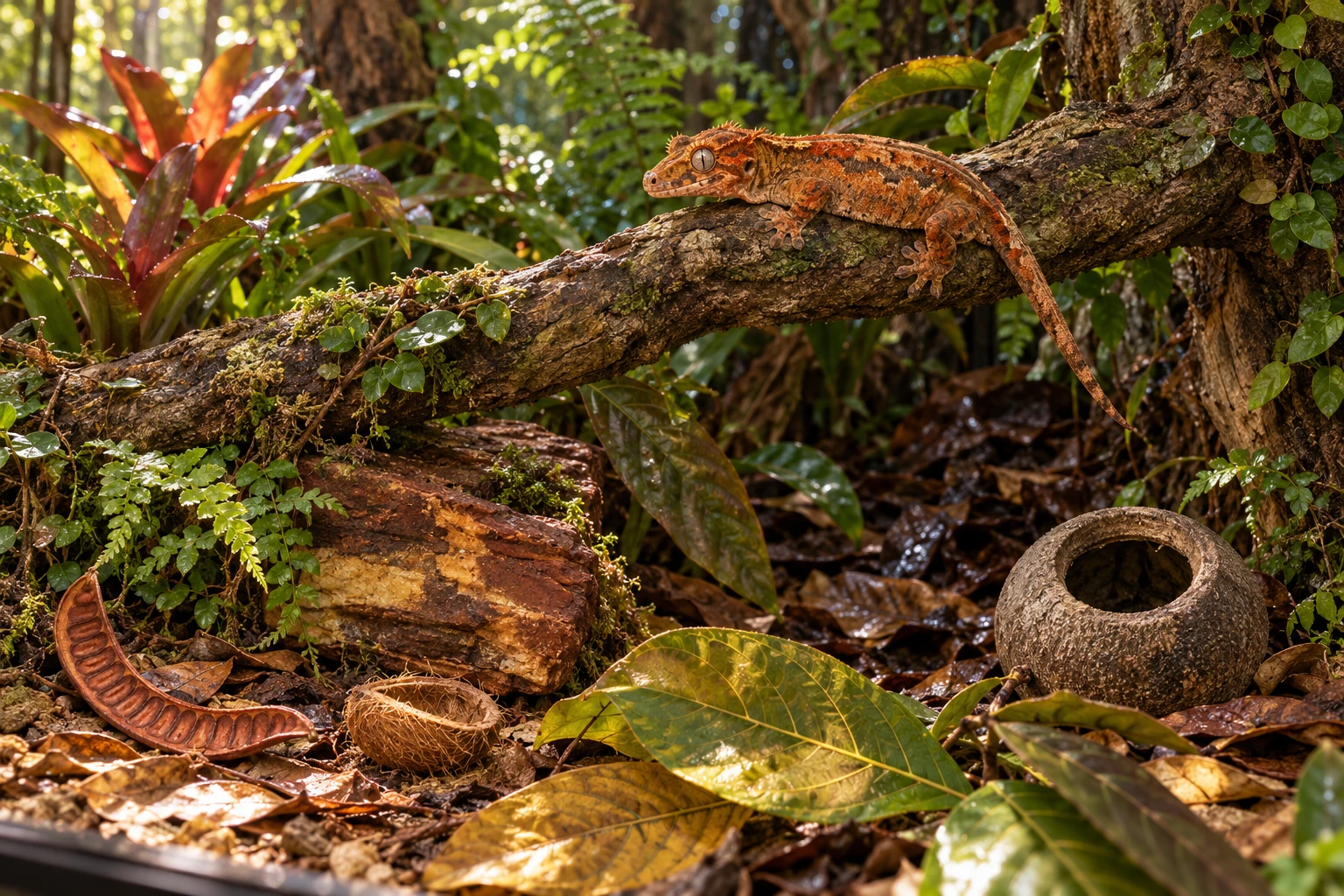 A planted arboreal example with a gecko on the main supported branch. Loose leaves, pods, husks and rock remain separate material choices; their positions and roles need individual assessment.