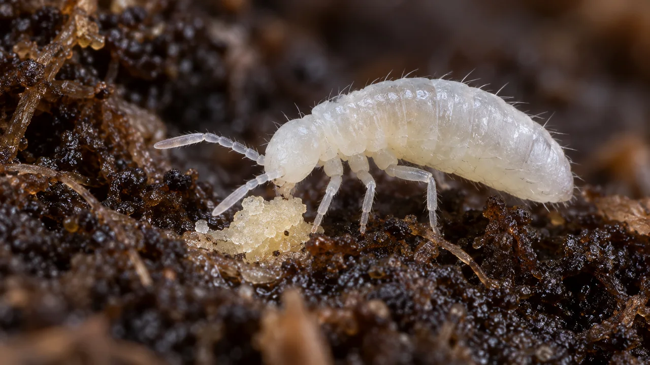 A tiny white Folsomia candida springtail grazes a small yeast serving on a moist dark culture surface.