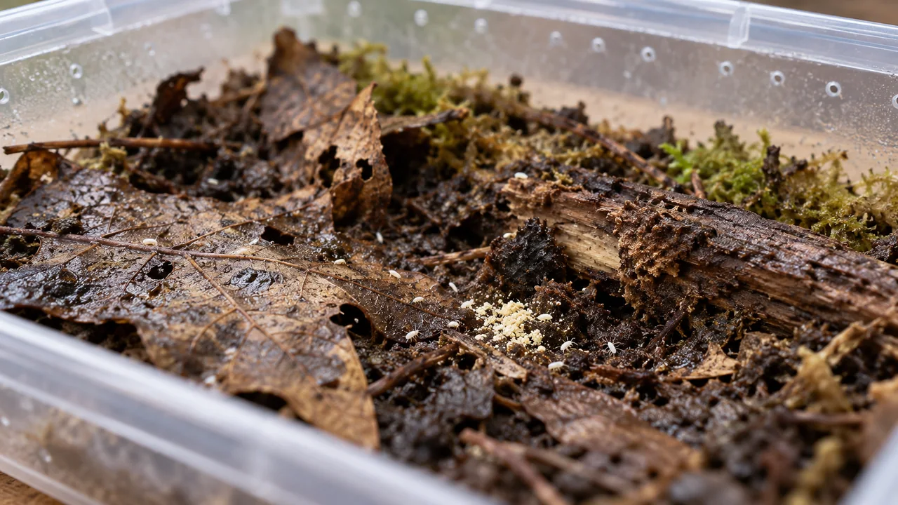 A small moist springtail microcosm with decomposing litter, open air space and fine ventilation, without standing water.